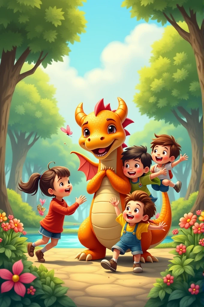 Generate a cartoon image of 4 year old kids playing with dragon in park joyfully