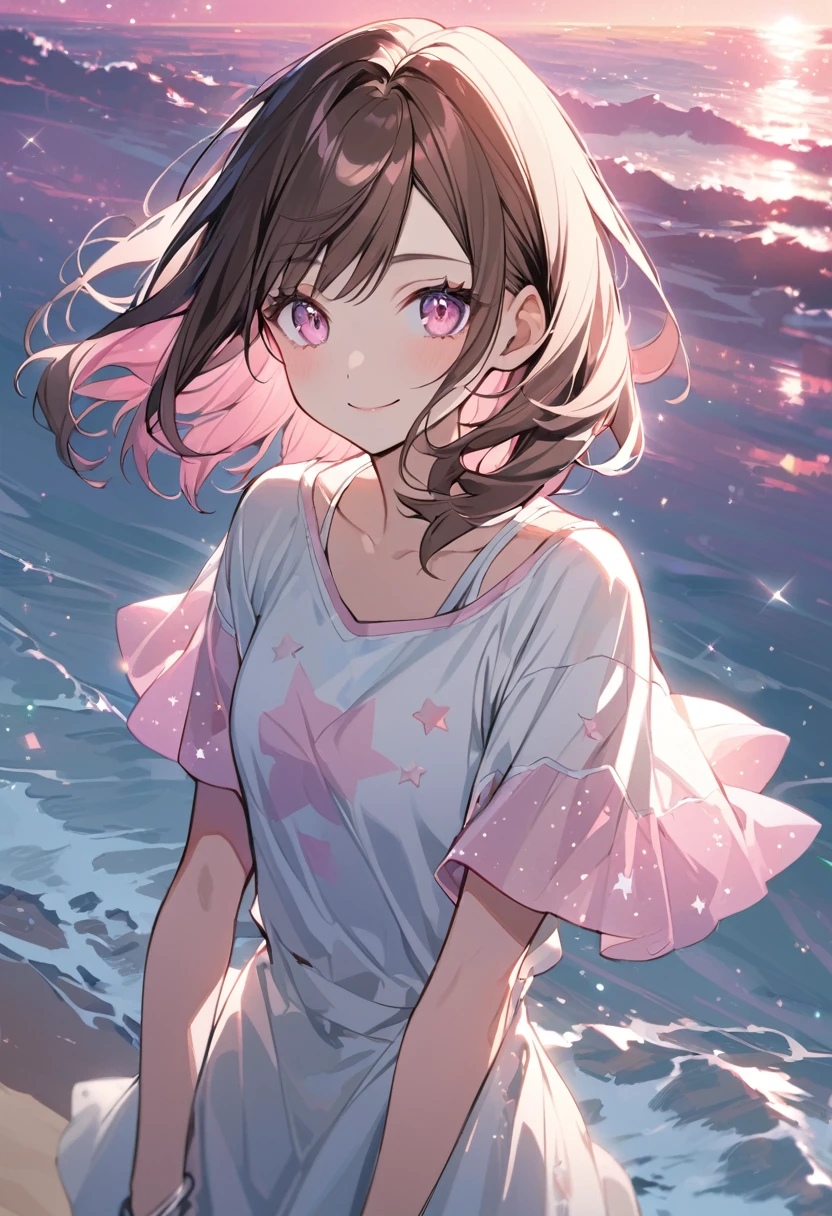 good looking, alone, 1 female, Medium Hair, Brown Hair, Pink highlights on the tips, Pale pink eyes,Smile Facial,Pink starry sky,Short sleeve,Sandy Beach