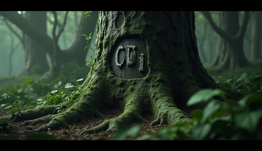 : A close-up of a tree trunk with the letters "CRO" carved crudely into the bark, surrounded by dense, shadowy foliage and undergrowth. The tree's surface is rough and aged, with the carving partially obscured by creeping vines and moss.