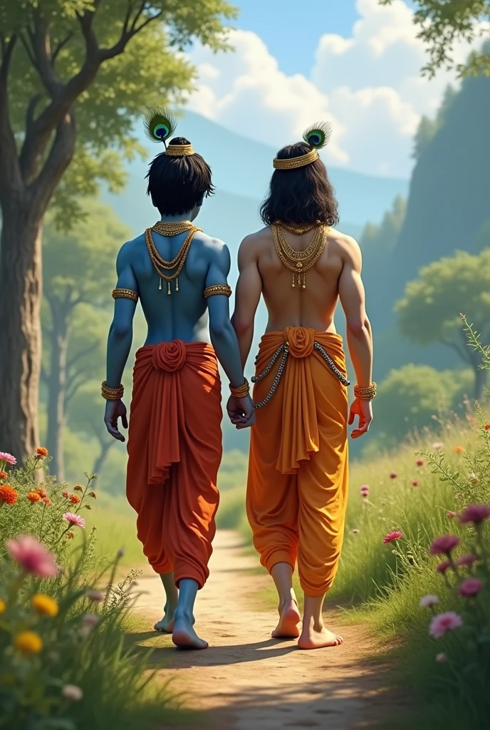 Lord krishna and balarama brothers walking together back view. Young age realistic with good details of dress and skin