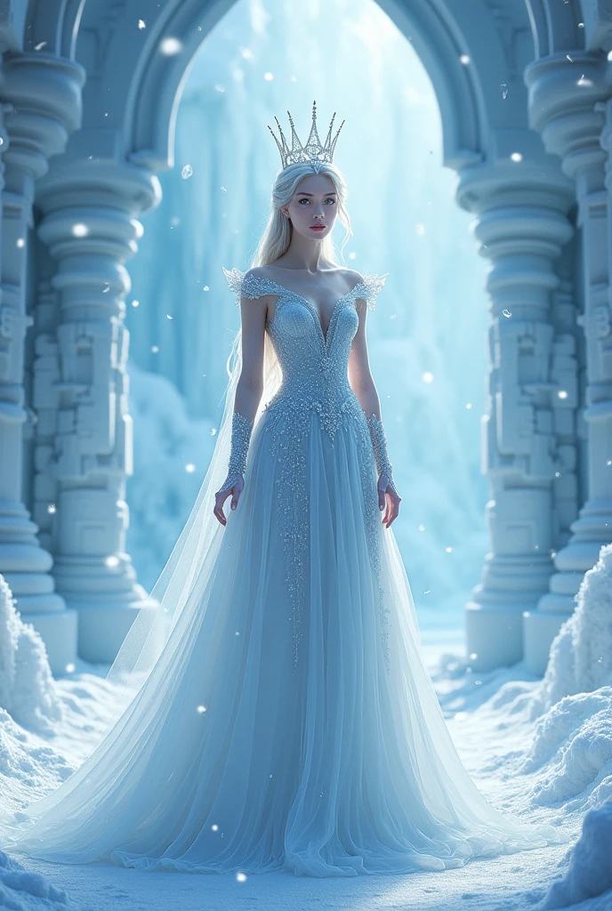 The Ice Queen, Ice Dress, Ice Castle, standing, full body shot, Snow fluttering upwards from the feet.