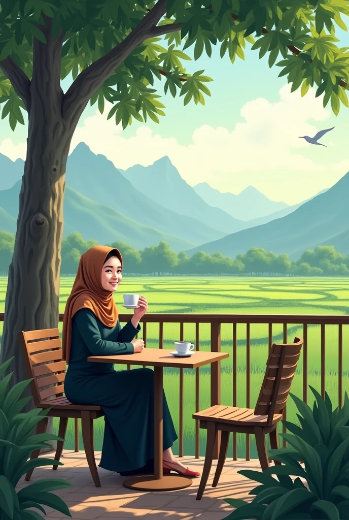 A photograph of a Muslim Malaysian woman with a sweet smile. She is drinking coffee at an open cafe balcony shoplot. There is a table with a coffee cup near her. The background contains a beautiful greenish scene with paddy fields, a range of mountains with mist, and a tiny bird flying far away. There is a big tree near the cafe. The overall image has a serene atmosphere.