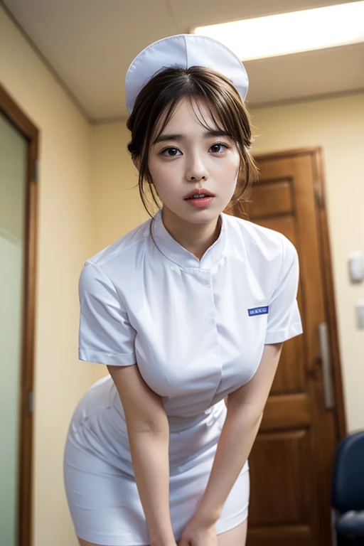 masterpiece, best quality, illustration, Super detailed, fine details, High resolution, 8k,wall paper, perfect dynamic composition,(Details High quality, realistic depiction of eyes:1.3), Hospital Rooms、White nurse cap、White tights、White nurse uniform、standing、Hand skirt、Flipping up a white skirt, large breasts,(updo), black hair color, Big Natural Color Lip, bold sexy pose, crying a little、20 year old girl、cute type、beautiful legs, hposing Gravure Idol,((A heart that is about to burst))、Get in the hospital bed