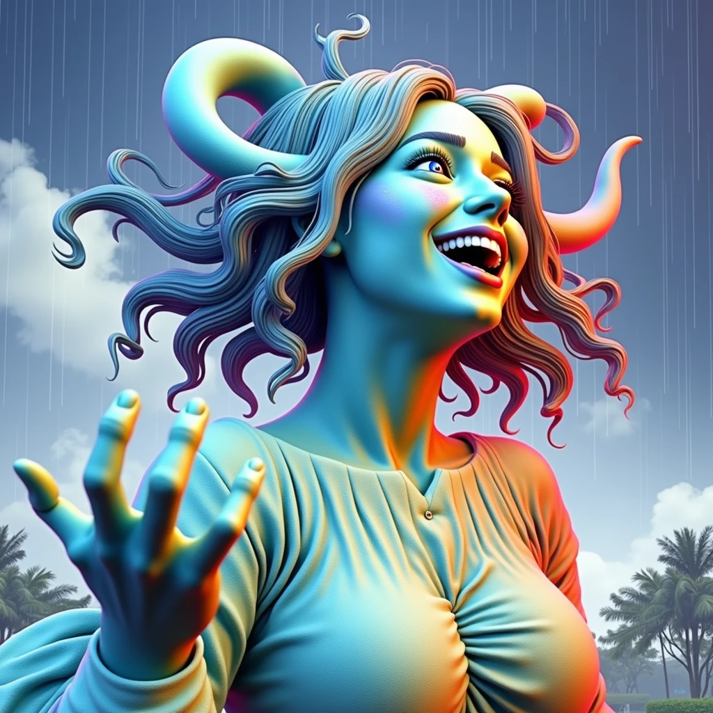  a young lady,displaying her own power.((laughing,trickster,theatrical,madness, jestering)),((pale blue, dark blue, red, rainbow colours)),(( Full figure wiew)). ((Three quarter wiew)),((deep wiew)),modern suburbs scenario background,photographic,ultra high resolution,hyperdetailed, masterpiece, 3d modelling, digital art.
