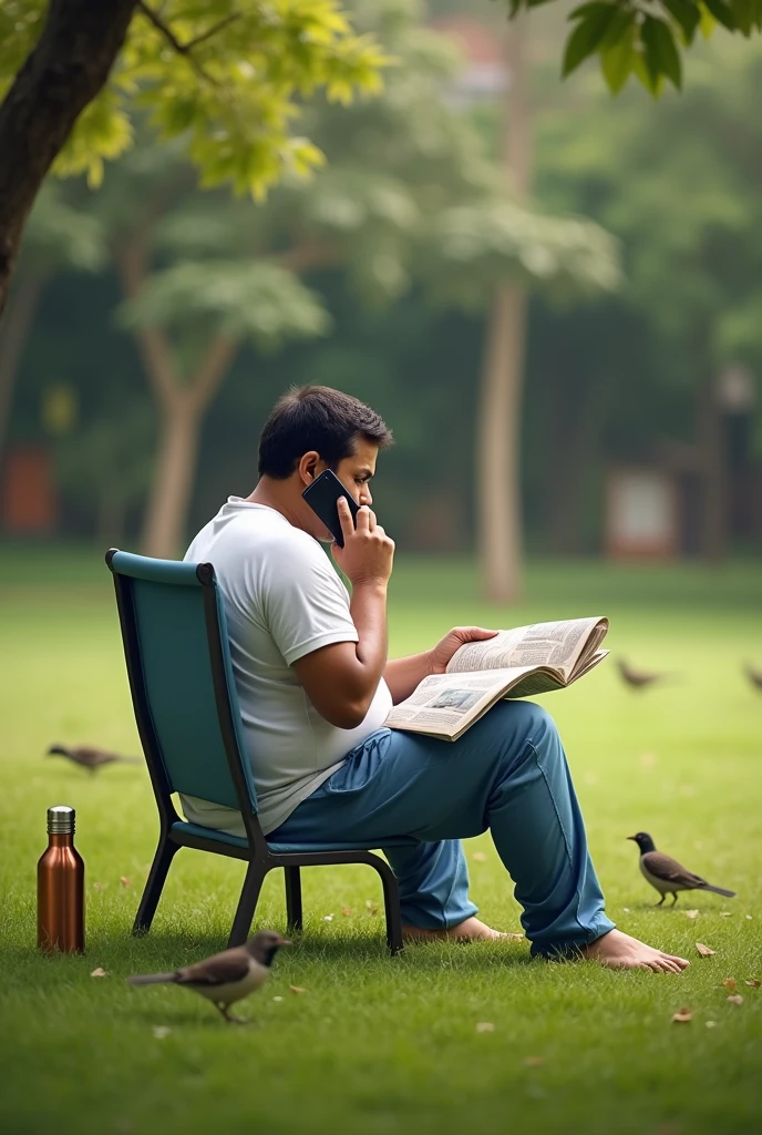A 30 years Indian man is talking on the phone with his left hand to his left ears. He is at the home lawn, birds are walking on the grass, he sat on the chair. he hold newspaper with right hand. His back side should be displayed. He wears white tshirt, blue night pant. Copper Water bottle should be placed nearer to him. His weight is 66 kg.