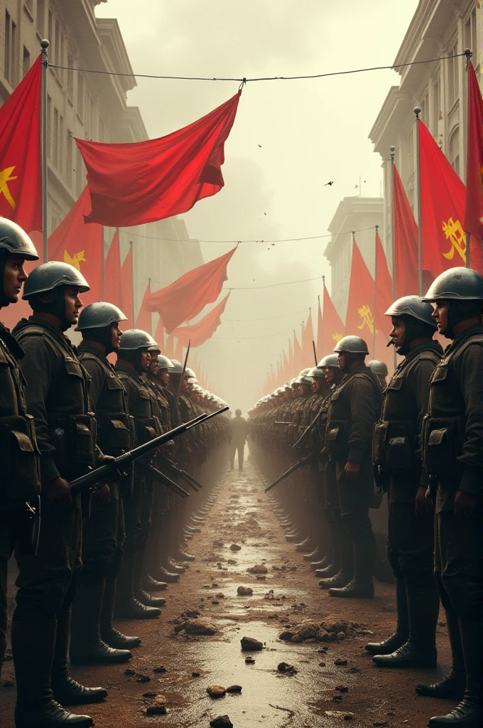 Socialist soldiers fighting The police on The streets. There are soviet flags and ribbons