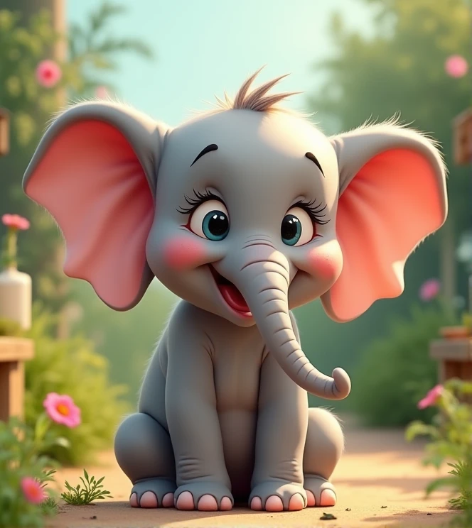 Imagine a lifelike baby elephant with humorous exaggerated features, oversized, wearing cute clothes, bright eyes and curiosity, smiling, positive image, smiling baby elephant, Disney style, capturing natural textures, although its little claws are slightly larger, they are cuter. The background is a simple garden with an emphasis on natural colors and some greenery to create bright, blue baby elephants