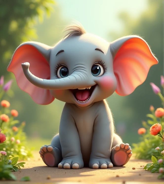 Imagine a lifelike baby elephant with humorous exaggerated features, oversized, wearing cute clothes, bright eyes and curiosity, smiling, positive image, smiling baby elephant, Disney style, capturing natural textures, although its little claws are slightly larger, they are cuter. The background is a simple garden with an emphasis on natural colors and some greenery to create bright, blue baby elephants