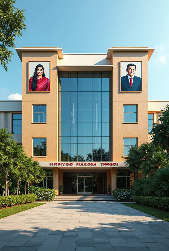 Create a imaginary smart school picture.
Name is "Syaden-Z International School, Mohammadpur, Magura" and Pictures of Bangladesh's former Prime Minister Sheikh Hasina will be put up on the left side of the school building and Picture of Bangladesh's Father of the Nation Bangabandhu Sheikh Mujibur Rahman will be put up on the right side of the school building.