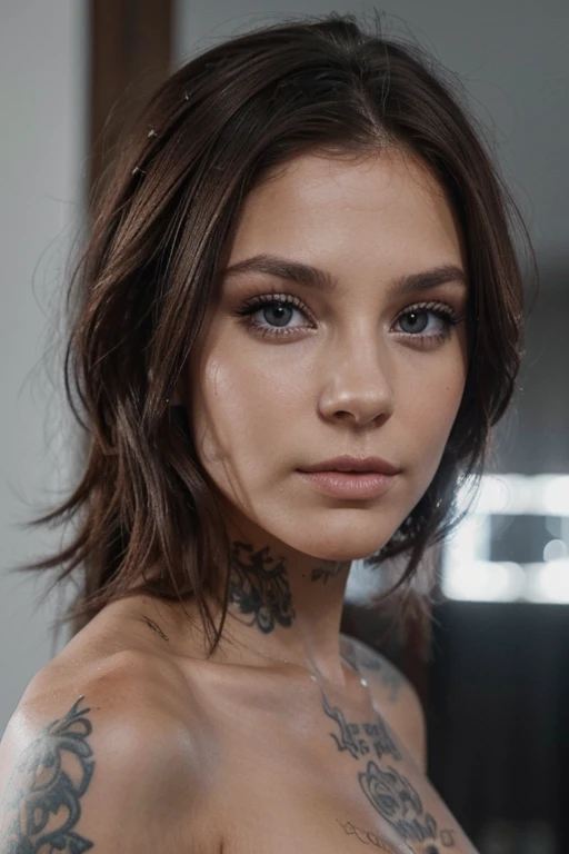 8k, qualitee realiste, brune, yeux gris bleu, tatouee, cheveux tres long, traits du visage fin, 