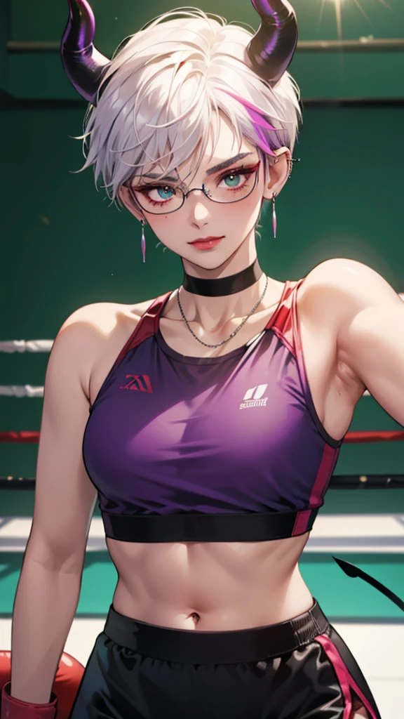 8k, masterpiece, best quality, highly detailed, 1 girl, tiefling, warlock, pixie cut, multicolored hair, very short straight hair red highlight hair on white hair, strippled hair, wearing glasses, round glasses, earrings, navel piercing, red eyeshadow, long eyelashes, blushed cheek, red lips, pearl necklace, rings, collarbone, mole on face, glamorous, teal and purple clothes, sleeveless, sport skirt, sport bra, smirk, close up view, rings, looking at viewer, demon horns, boxing gym, boxing glove
