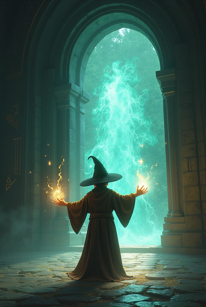 A little wizard casting a spell to open a magical get
