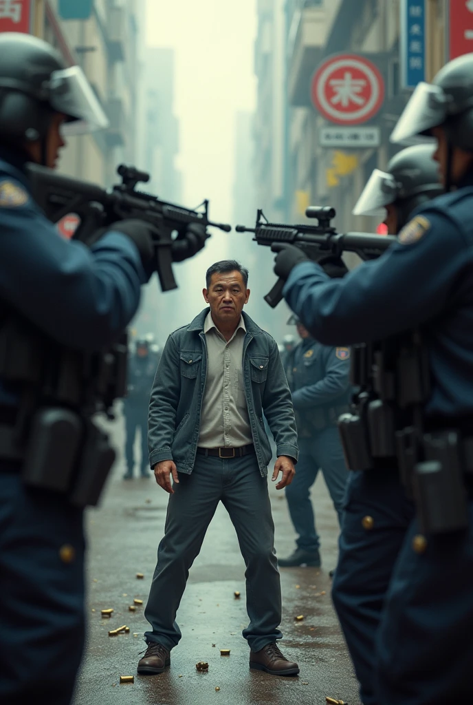 A china man is shot by 10 policemen with guns