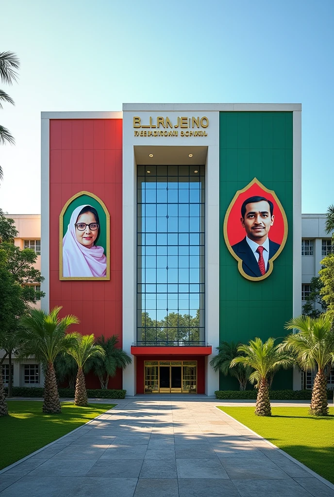 Create a imaginary smart school picture.
Name is "Syaden-Z International School, Mohammadpur, Magura" and Pictures of Bangladesh's former Prime Minister Sheikh Hasina will be put up on the left side of the school building and Picture of Bangladesh's Father of the Nation Bangabandhu Sheikh Mujibur Rahman will be put up on the right side of the school building.