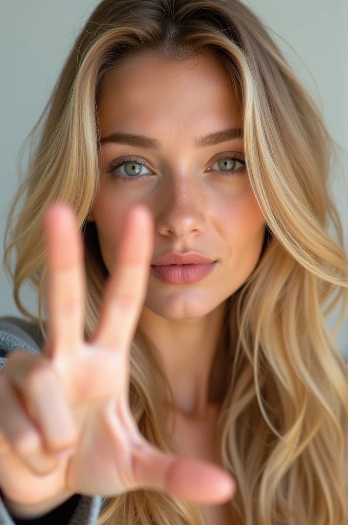 Blonde making a finger sign