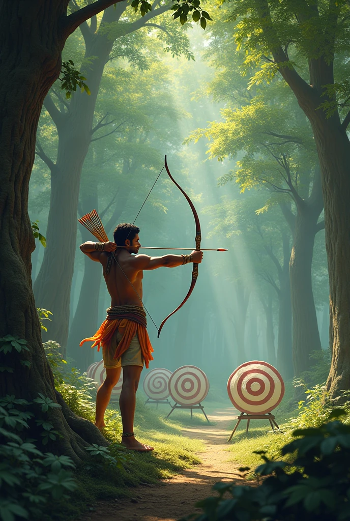 Ekalavya shooting arrows at multiple targets in the forest, hitting them perfectly with remarkable precision.**vhi