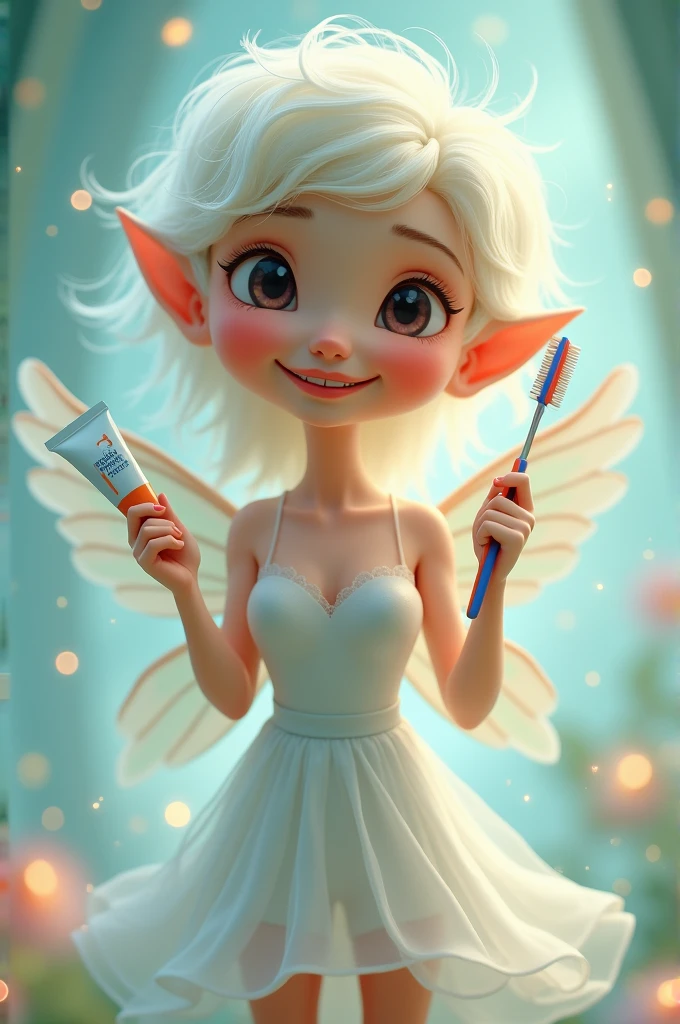 Adult tooth fairy with toothbrush and toothpaste