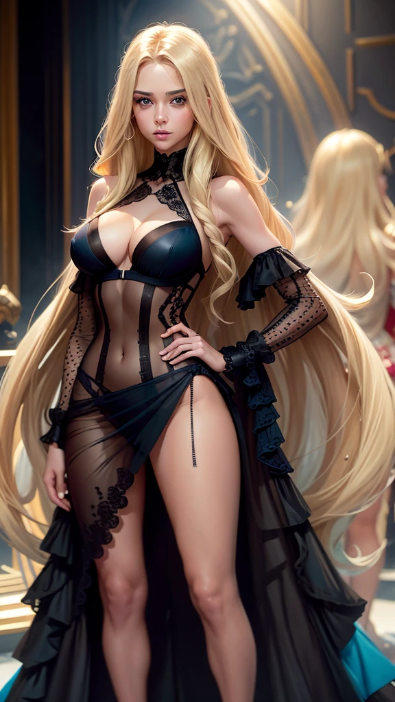 .21 year old woman , long straight blonde hair, bright and expressive blue eyes, she opted for an elegant sheer see-through black dress. loot, busty. comic style. quadrinhos da marvel