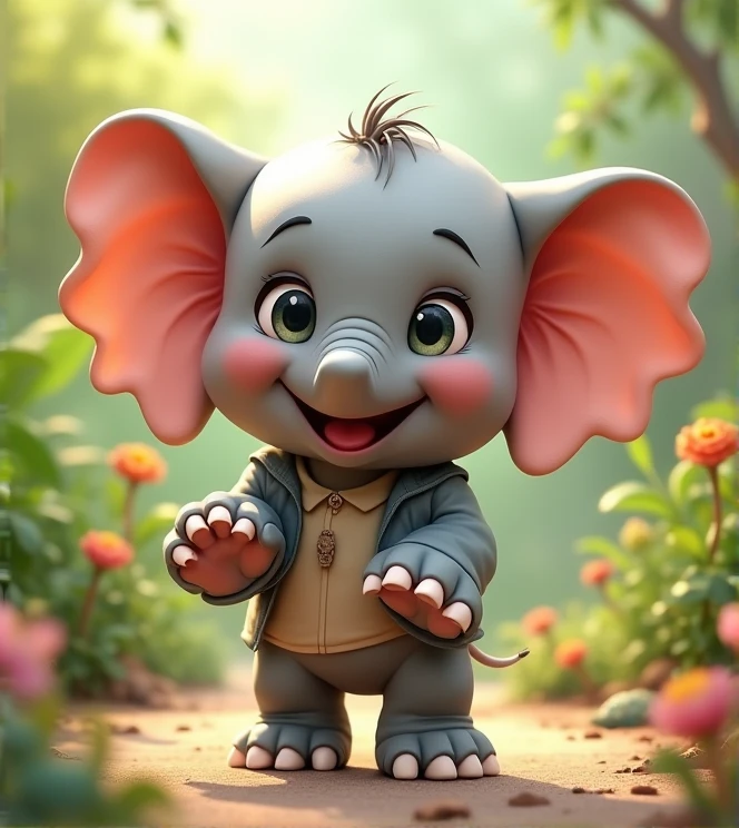 Imagine a lifelike baby elephant with humorous exaggerated features, oversized, wearing cute clothes, bright eyes and curiosity, smiling, positive image, smiling baby elephant, Disney style, capturing natural textures, although its little claws are slightly larger, they are cuter. The background is a simple garden with an emphasis on natural colors and some greenery to create bright, blue baby elephants