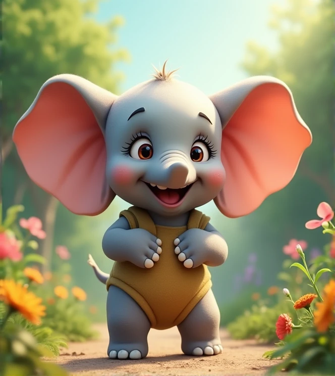 Imagine a lifelike  elephant with humorous exaggerated features, oversized, wearing cute clothes, bright eyes and curiosity, smiling, positive image, smiling baby elephant, Disney style, capturing natural textures, although its little claws are slightly larger, they are cuter. The background is a simple garden with an emphasis on natural colors and some greenery to create bright, blue babyphants