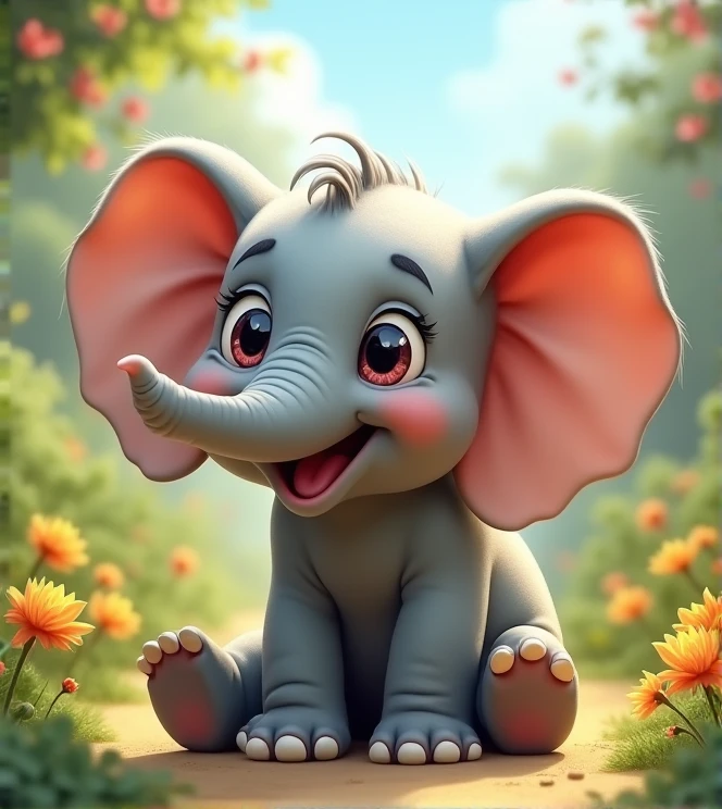 Imagine a lifelike baby elephant with humorous exaggerated features, oversized, wearing cute clothes, bright eyes and curiosity, smiling, positive image, smiling baby elephant, Disney style, capturing natural textures, although its little claws are slightly larger, they are cuter. The background is a simple garden with an emphasis on natural colors and some greenery to create bright, blue baby elephants