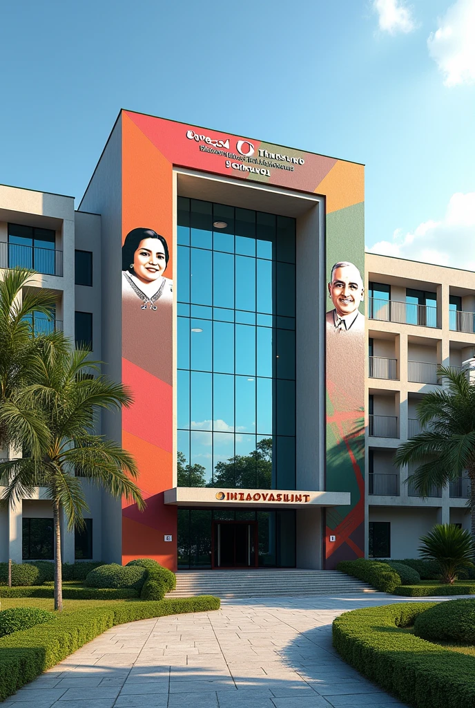 Create a imaginary smart school picture.
Name is "Syaden-Z International School, Mohammadpur, Magura" and Pictures of Bangladesh's former Prime Minister Sheikh Hasina will be put up on the left side of the school building and Picture of Bangladesh's Father of the Nation Bangabandhu Sheikh Mujibur Rahman will be put up on the right side of the school building.