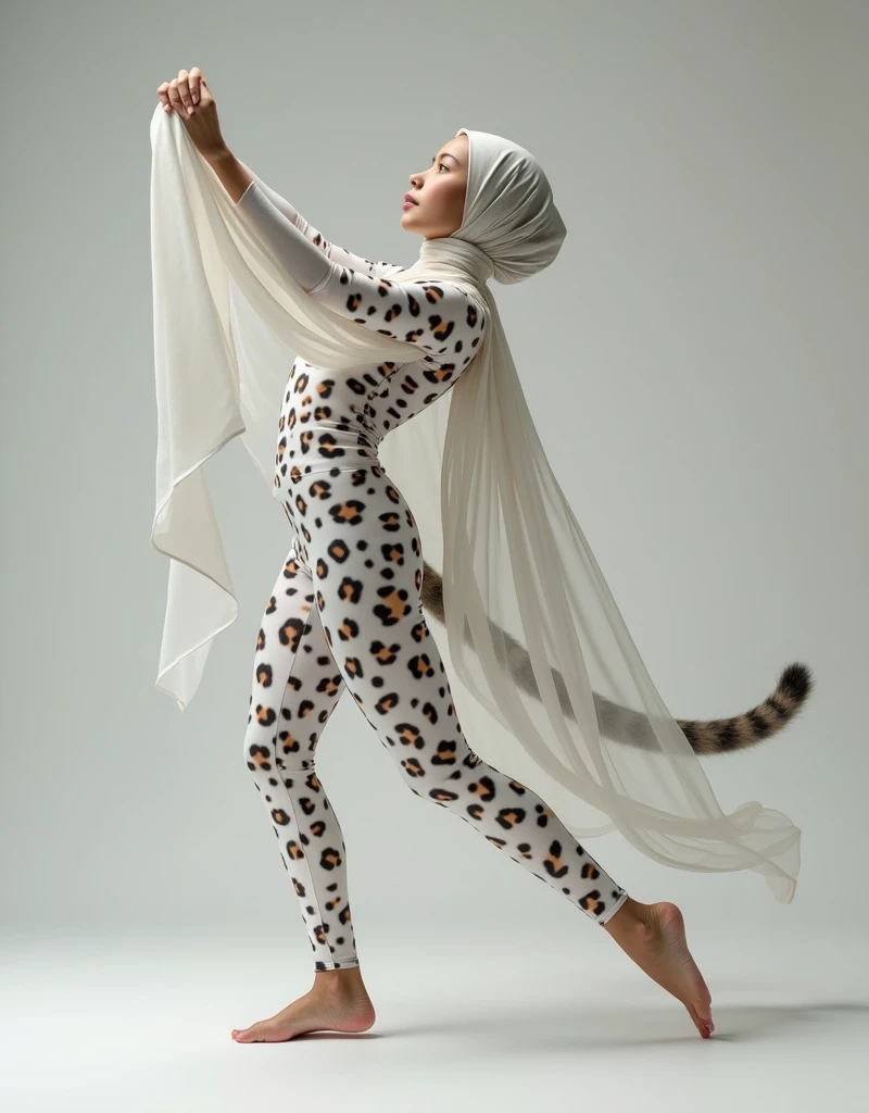 a beautiful and thin malaysian muslim teenager girl wears white clouded leopard print lycra turtleneck unitard catsuit and clouded leopard print lycra dancewear hijab.She is crawling.