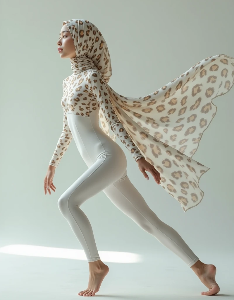 a beautiful and thin malaysian muslim ager girl wears white clouded leopard print lycra turtleneck unitard catsuit and clouded leopard print lycra dancewear hijab.She is crawling.