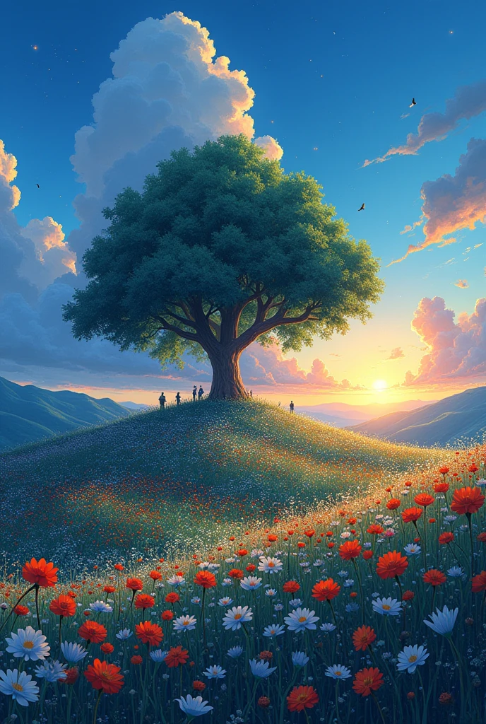 stylo anime Ghibli!!! There are huge flowers, Field of Flowers on the Hill, big tree, spectacular twilight light of the amanecer, blue clouds fireflies impressionist painting, Digital paint, pointillism, art station, 8k