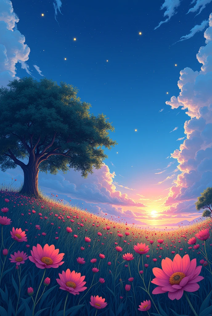 stylo anime Ghibli!!! There are huge flowers, Field of Flowers on the Hill, big tree, spectacular twilight light of the amanecer, blue clouds fireflies impressionist painting, Digital paint, pointillism, art station, 8k