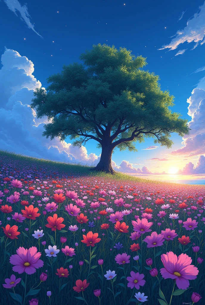 stylo anime Ghibli!!! There are huge flowers, Field of Flowers on the Hill, big tree, spectacular twilight light of the amanecer, blue clouds fireflies impressionist painting, Digital paint, pointillism, art station, 8k