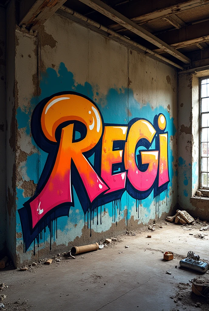 A graffiti with the name REGI in an abandoned factory