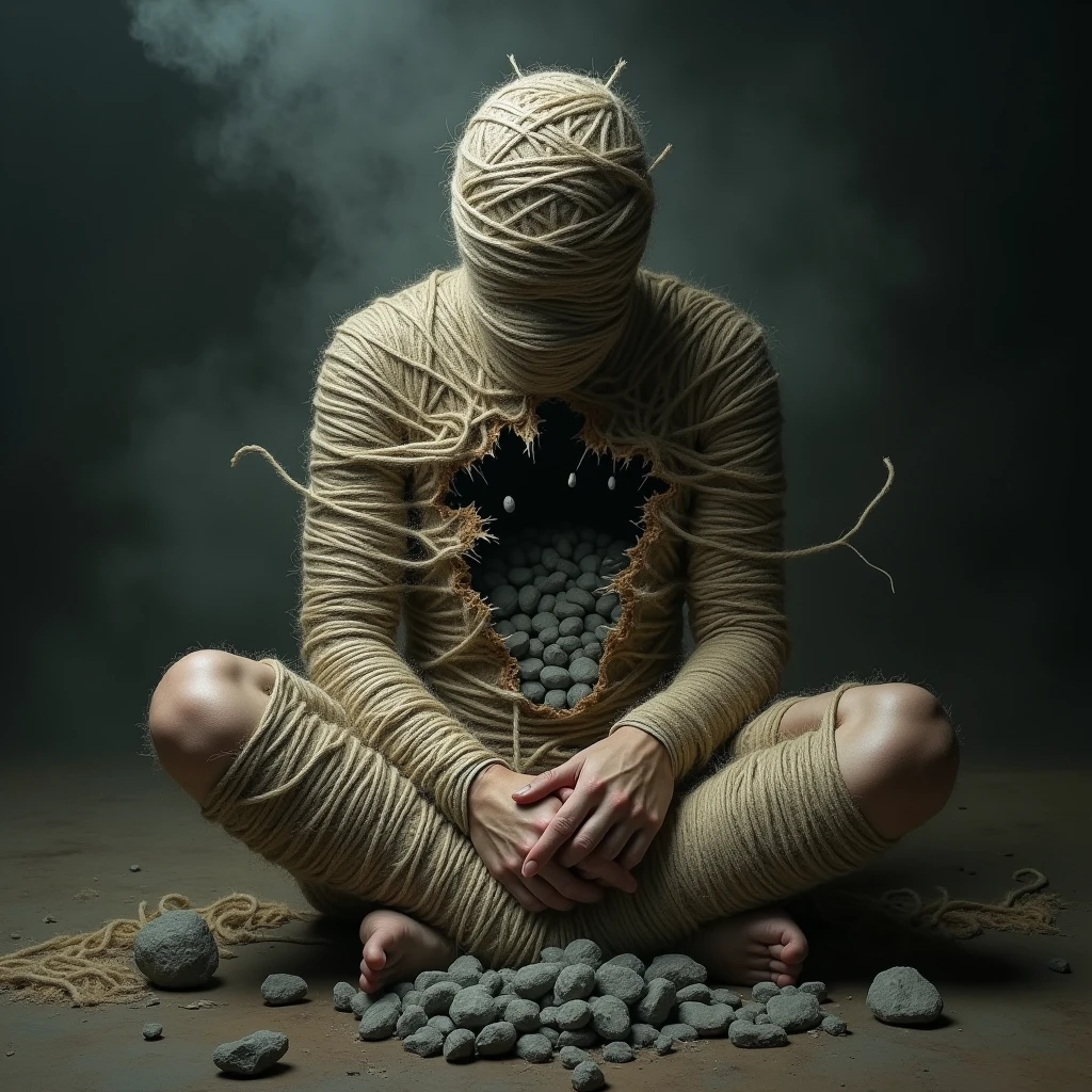 (a close up of a ball of yarn wrapped around a person, inspired by Igor Morski, surreal dark art, trapped in my conscious, dark surreal art, emotional surrealist art, surreal art, human body breaking away, illusion surreal art, by Igor Morski, inspired by Kay Sage, horror surreal art, by Kay Sage, dramatic artwork, great digital art with details). realistic style, photo, photorealistic, high detail, (sharp), (photorealism:1.2), (photo:1.2) of a full body person completely wrapped in rough, thick twine or rope, creating a sense of constriction and entrapment. (sitting on the ground with legs crossed), (sitting cross-legged on the ground), The twine covers the entire body, including the hands, which are barely visible through the layers of binding. The person’s stance is tense, with their torso slightly bent forward as they forcefully pull apart an opening in their chest. The edges of the tear are jagged, as if the skin and twine are ripping apart simultaneously. From the gaping wound in the chest, gray stones tumble out. The stones are various sizes, rough and irregular in shape, adding to the unsettling atmosphere of the scene. The expression on the person’s partially obscured face is one of intense strain and pain, reflecting the physical and emotional turmoil of the act. The background is shadowy and indistinct, further emphasizing the focus on the figure and the eerie transformation taking place. The overall tone of the image is dark and somber, evoking feelings of anguish and despair. , detailed features, ultra realistic, smoke, fog, dust, motion blur, blurred foreground, blur background, progressive background