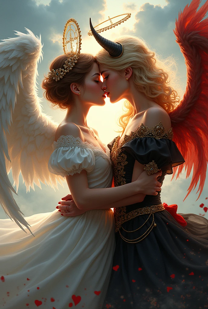 Generate Princess of Heaven and Princess of Hell,who are kissing.The princess of the sky is short,she has brown short hair and blue eyes.She also has white angel wings and a halo..The princess of hell is tall,she has long blonde hair and brown eyes.He also has black horns and a demon tail..