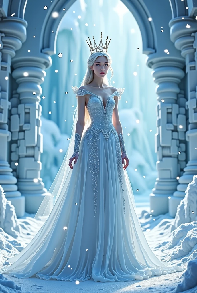 The Ice Queen, Ice Dress, Ice Castle, standing, full body shot, Snow fluttering upwards from the feet.