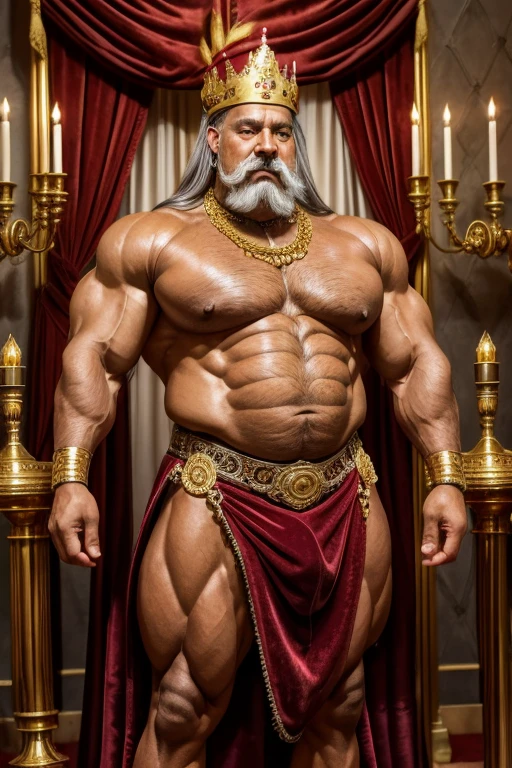 Hyperrealistic image of an African man imperial king steampunk stripper dancer with a huge gold crown and jewels on his head., superhero with grey afro hair and very long hair, very old and very sweaty bodybuilder over 80 years old..very muscular and fat, He weighs more than 200 kilos with a naked torso., large and flaccid pectorals, Brown nipples and big grey mustaches standing in the middle of a stage with a Victorian red velvet curtain in the background and lots of brass candelabras around and velvet skirt with gold embroidery and jewels 