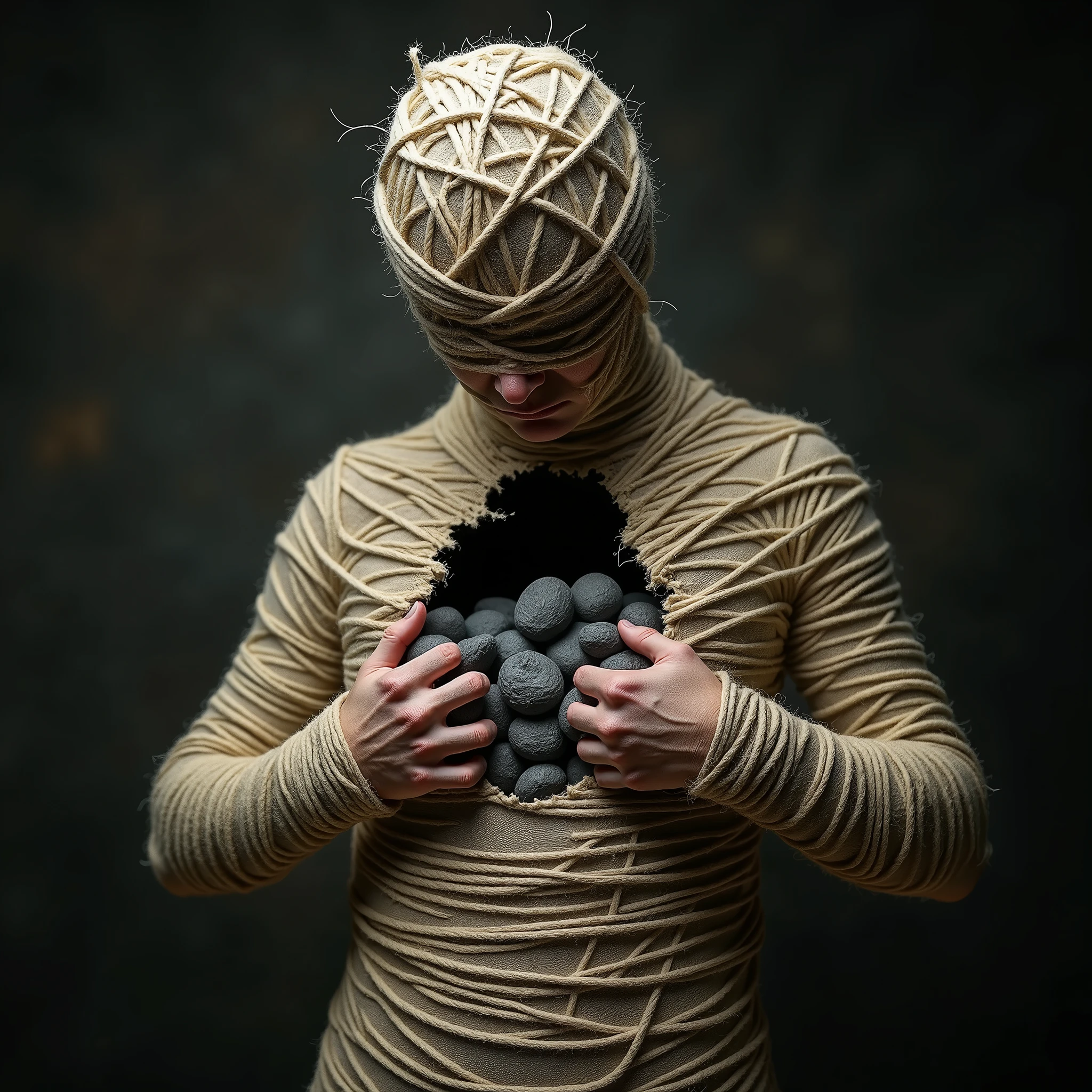 (a close up of a ball of yarn wrapped around a person, inspired by Igor Morski, surreal dark art, trapped in my conscious, dark surreal art, emotional surrealist art, surreal art, human body breaking away, illusion surreal art, by Igor Morski, inspired by Kay Sage, horror surreal art, by Kay Sage, dramatic artwork, great digital art with details). realistic style, photo, photorealistic, high detail, (sharp), (photorealism:1.2), (photo:1.2) of a person completely wrapped in rough, thick twine or rope, creating a sense of constriction and entrapment. The twine covers the entire body, including the hands, which are barely visible through the layers of binding. The person’s stance is tense, with their torso slightly bent forward as they forcefully pull apart an opening in their chest. The edges of the tear are jagged, as if the skin and twine are ripping apart simultaneously.

From the gaping wound in the chest, gray stones tumble out. The stones are various sizes, rough and irregular in shape, adding to the unsettling atmosphere of the scene. The expression on the person’s partially obscured face is one of intense strain and pain, reflecting the physical and emotional turmoil of the act. The background is shadowy and indistinct, further emphasizing the focus on the figure and the eerie transformation taking place. The overall tone of the image is dark and somber, evoking feelings of anguish and despair. , detailed features, ultra realistic