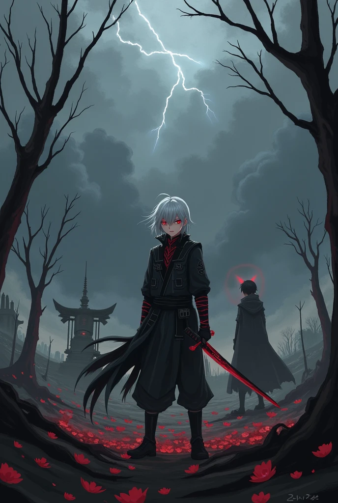 **book cover: "yuki: Ashes of a Broken Heart - Part 2"**
The cover for this second part of the season should evoke a sense of impending revenge and mystery., with a dark touch that reflects the more serious tone of the narrative.
**Setting and Environment:**
The main scene takes place in a devastated field, where the shadows of the burned and fallen trees suggest a place that witnessed a recent battle. The sky, covered by dark clouds and distant lightning, adds a tense atmosphere, suggesting that a storm is about to begin, both literally and metaphorically. Ao fundo, the ruins of a partially destroyed temple can be seen, representing the fall of the old alliances and the desolation caused by the Shakimonos.
**Personagens:**
- **Yukigami:** Positioned in the center of the cover, Yukigami stands out with his determined and vengeful stance.. Her straight white hair is slightly fluttering in the wind of the approaching storm., as his glowing red eyes emanate a menacing intensity. He holds his sword, now shrouded in a dark aura, symbolizing the growing power within him and his unwavering determination to seek revenge. Seu traje, in shades of black and dark gray, is slightly worn, with tears that reveal the scars of previous battles.
- **Shizuru:** In the right corner, Shizuru appears in a defiant pose, wielding his sword with confidence. Your face is serious, and his gaze demonstrates the strength and brutality he possesses. Around her, razor-sharp rose petals float, creating a contrast between his calm appearance and the deadly nature of his abilities.
- **Ryu:** On the left side, Ryu's figure begins to emerge from the shadows, Wrapped in a dark cloak, only partially visible, with his mysterious eyes shining in a golden hue. The background around Ryu appears distorted, indicating that he is a figure shrouded in secrets, not yet fully revealed