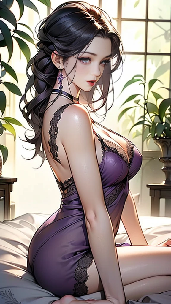 ((((Highest quality))))、(((Ultra-precision CG16K wallpaper)))、(((masterpiece)))、(((Super detailed)))、(((Extreme detail)))、((１Mature 29 year old woman:1.6))、((Very beautiful Japan face of a person))、((Urizane Face:1.8))、((Medium Straight Hair:1.6))、(Shiny Hair)、A delicately drawn beautiful face、(Dark Eyes、Reflected light from the eye)、double eyelid、High nose、Small nostrils、Small Mouth、Seductive lips、Beautiful breasts、((B cup size breasts))、Cleavage、A small vertical belly button、Delicate nails、Beautiful feet、((Thin thighs))、eight-headed body、Perfect proportions、Perfect Anatomy、Perfect composition、Beautiful detailed shading、Beautiful, natural lighting、Beautiful detail glow、Depth of written boundary、(((High chroma)))、(((Real:1.9)))、((vivid:1.5))、((Beautiful Skin))、((Skin Texture))、((Realistic skin feel))、(((Cowboy Shot:1.6)))、(((front view、shoot from front、front low angle:1.6)))、(((Half-open mouth、Half-open eyes:1.5)))、(((looking at camera:1.6)))、Bright daylight、Natural light、(((background_Bedroom、Foliage plant:1.5)))、(Sitting pose:1.6)、(((Light purple see-through lace negligee:1.6)))、((choker、Wearing earrings:1.5))、(((Woman sitting on bed:1.6)))、