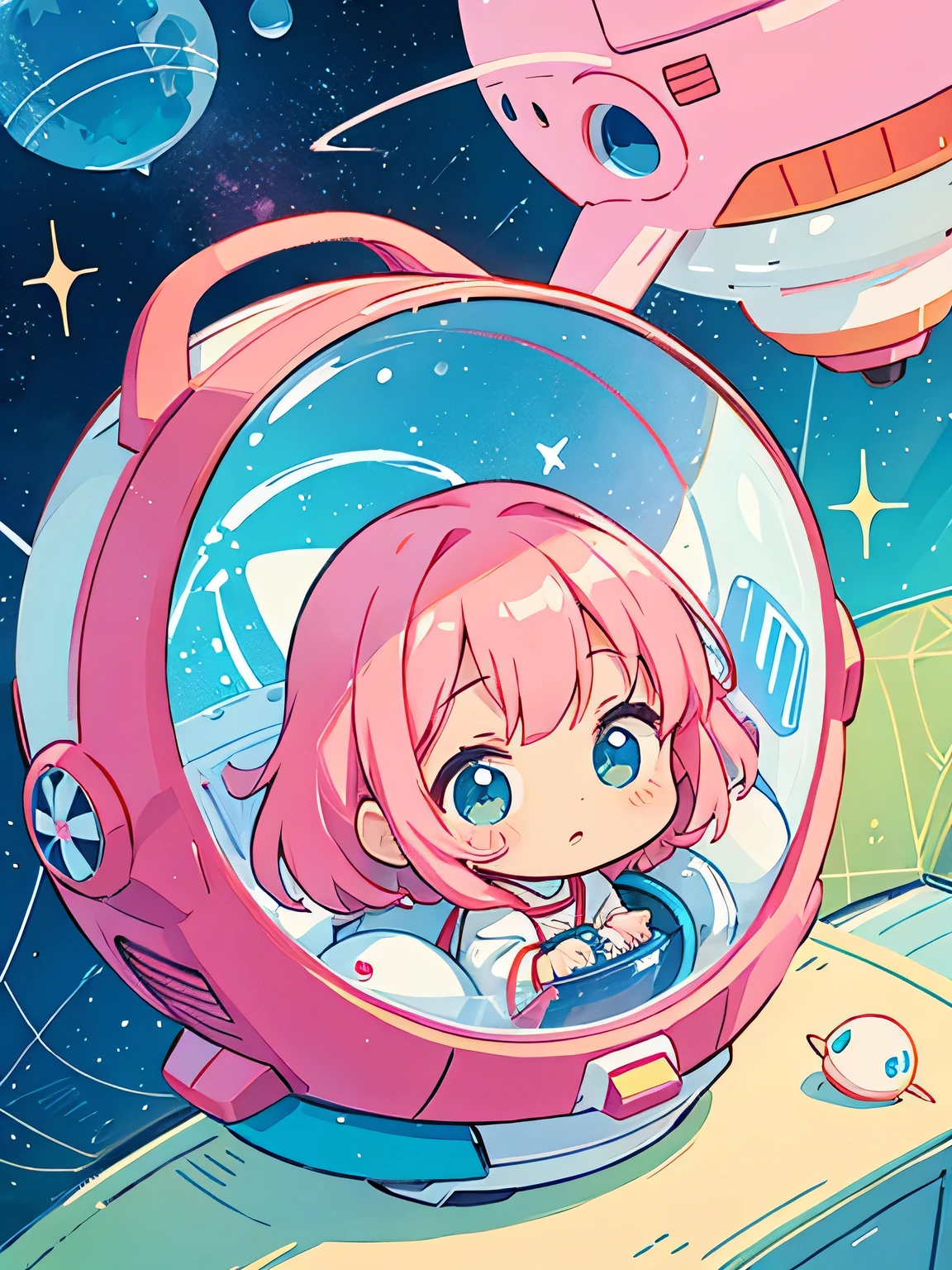 Momoko Sakura colorful style、Kawaii Design, most beautiful girl ever、chibi, ((Inside the spaceship)))、Space Travel