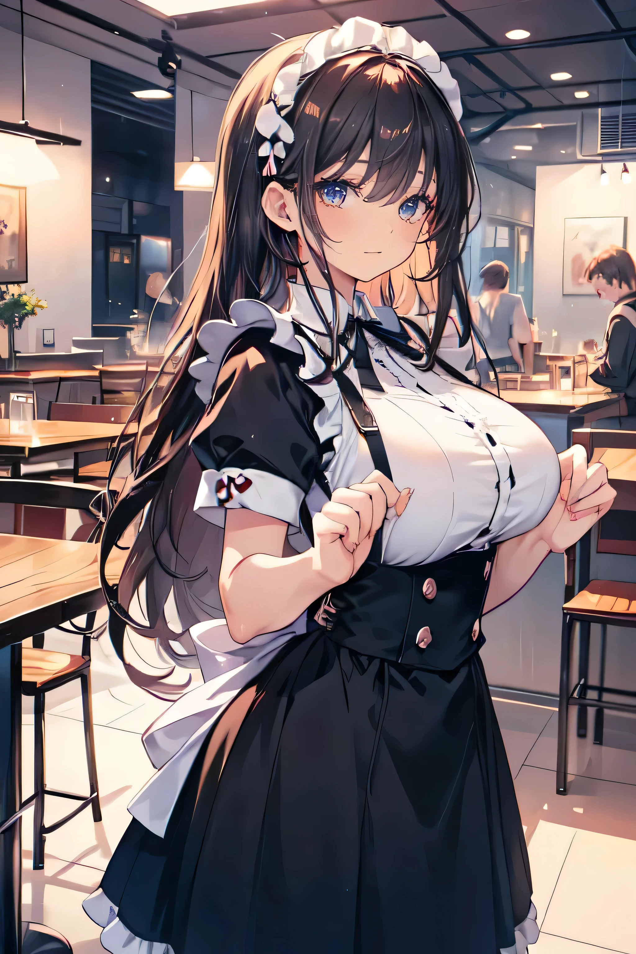 big breasted maid girl, Highest rated on pixiv, Beautiful anime works, Beautiful and detailed anime art ((Ideal anatomy)) ((Two pairs of hands)) ((Ideal anatomy)) 5 fingers on each hand, Long Hair, In the coffee、There is a cozy tray with coffee in hand