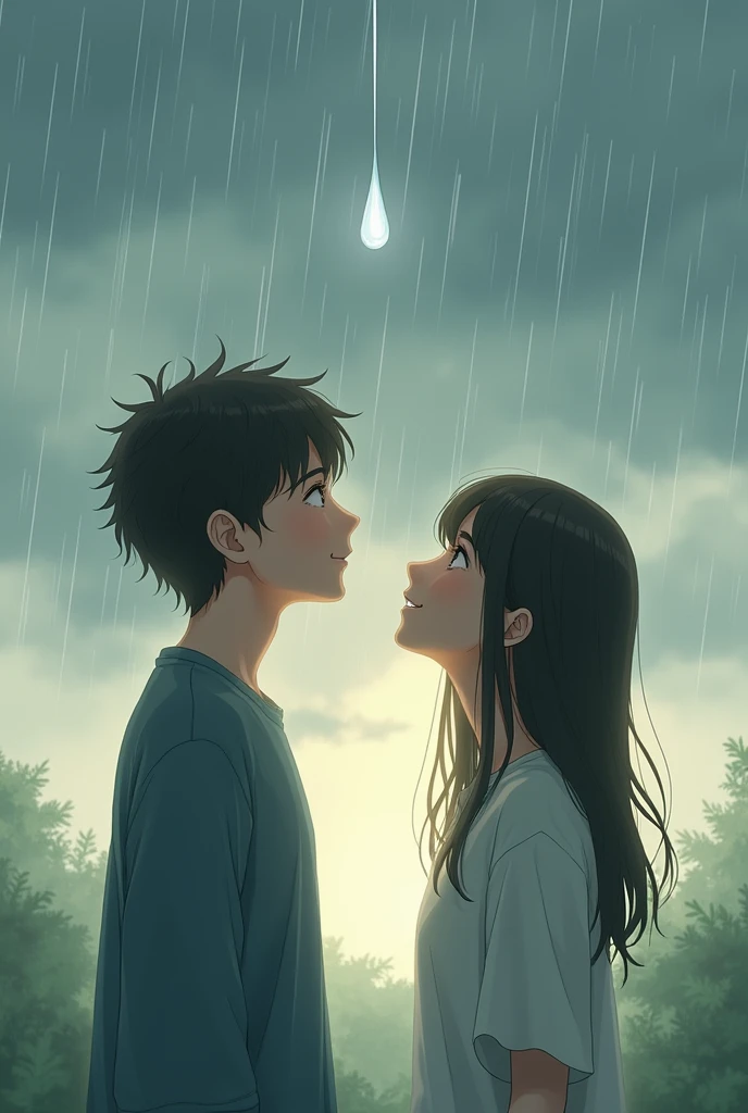 First Rain Drop:

Scene: The first raindrop falling and Sākṣī smiling at Ākāś.
Prompt: "Close-up of a raindrop falling from the sky, with a girl smiling warmly at a boy standing beside her. The background is a soft, rainy scene."
