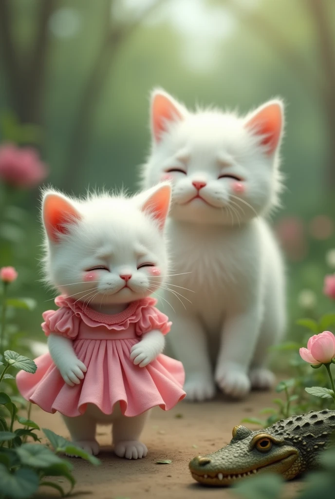 White cat in Pink dress is weeping to see the crocodil in the garden the big white cat Coming to help the beautiful white cat wea pink dress the cat mom and beautiful cat wear pink dress going to the home