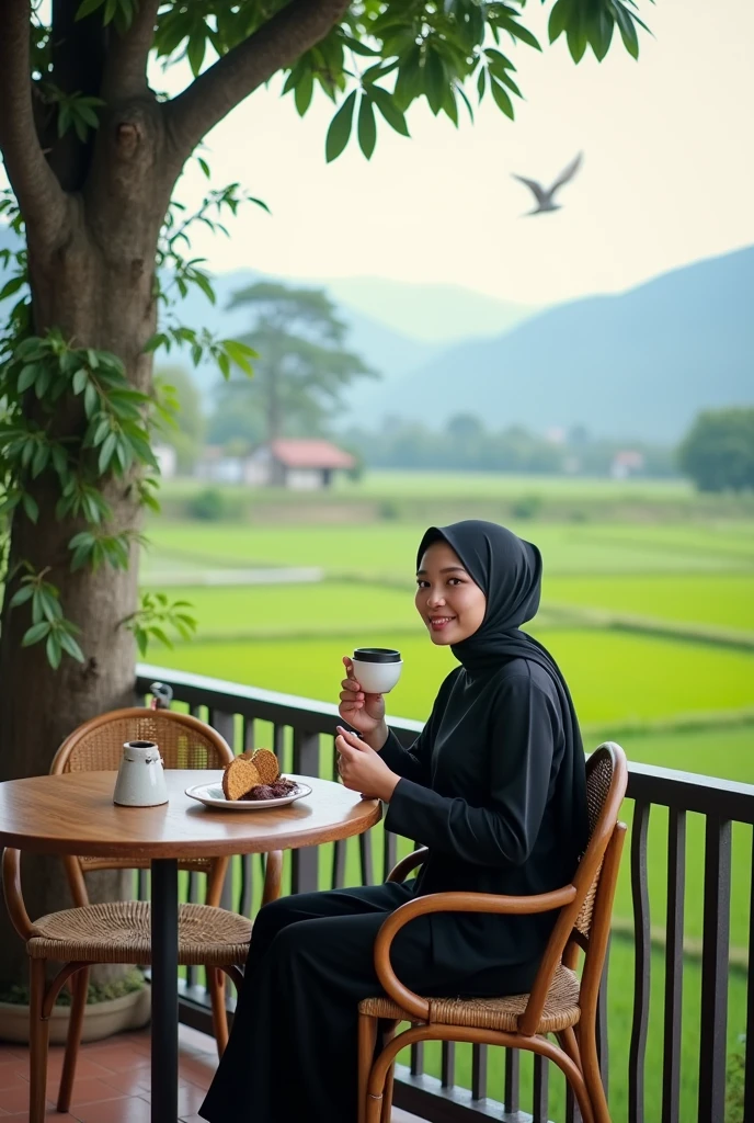 Fairose Yaacob haha ๐..ni prompt :
A photograph of a Muslim Malaysian woman with a sweet smile. She is drinking coffee at an open cafe balcony shoplot. There is a table with a coffee cup near her. The background contains a beautiful greenish scene with paddy fields, a range of mountains with mist, and a tiny bird flying far away. There is a big tree near the cafe. The overall image has a serene atmosphere.