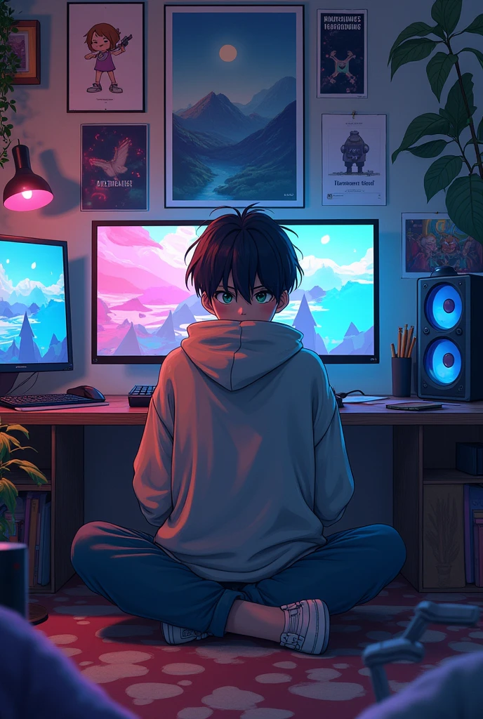 A anime boy not showing his face in huddy background of gaming room