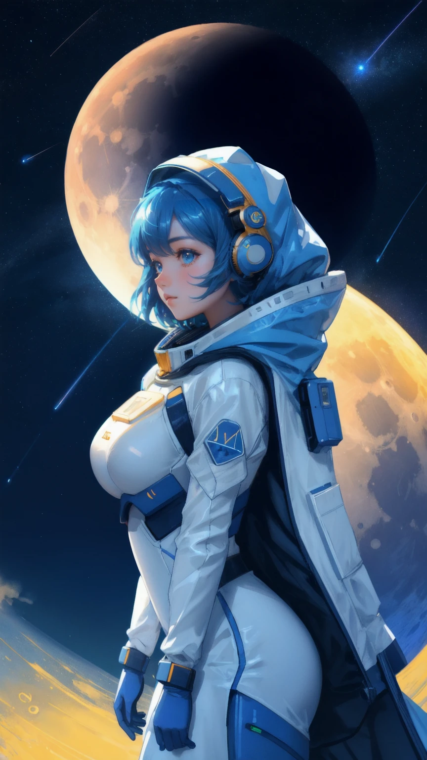 A beautiful, cute girl in a futuristic blue spacesuit stands confidently on the moon's surface. She reaches out as golden Bitcoin symbols spread out and float around her, illuminated by the bright blue moon in the background. The scene is bathed in a rich, starry blue hue, with rainbow streaks crossing the sky, capturing the essence of a cosmic journey. Keywords: Moon Lander, blue background, Bitcoin spreading.