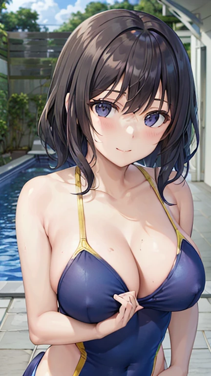 masterpiece, Highest quality, Attention to detail, Beautiful woman, Wavy Hair, Dark brown hair, Large bust, Red T-shirt, black long pencil skirt, abdomen, Upper Body, sneakers, View your viewers, A light smile, garden, 裏garden,