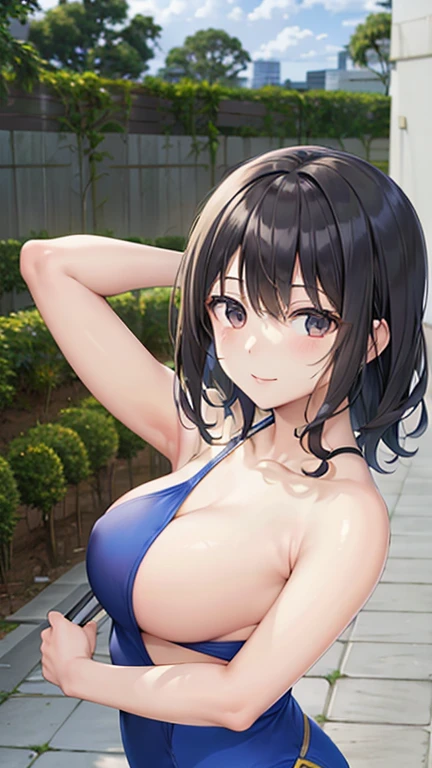 masterpiece, Highest quality, Attention to detail, Beautiful woman, Wavy Hair, Dark brown hair, Large bust, Red T-shirt, black long pencil skirt, abdomen, Upper Body, sneakers, View your viewers, A light smile, garden, 裏garden,