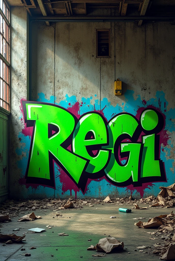 A graffiti with the name REGI in green in an abandoned factory