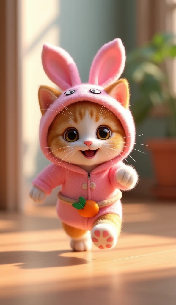 3D cute kitten character、Happy pink bunny costume、running、Inside the house、masterpiece, Background Blur, Carrot-decorated belt、Shut your mouth.,